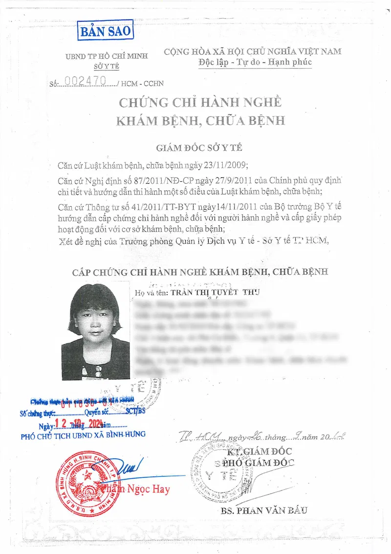Chứng chỉ hành nghề trần thị tuyết thu